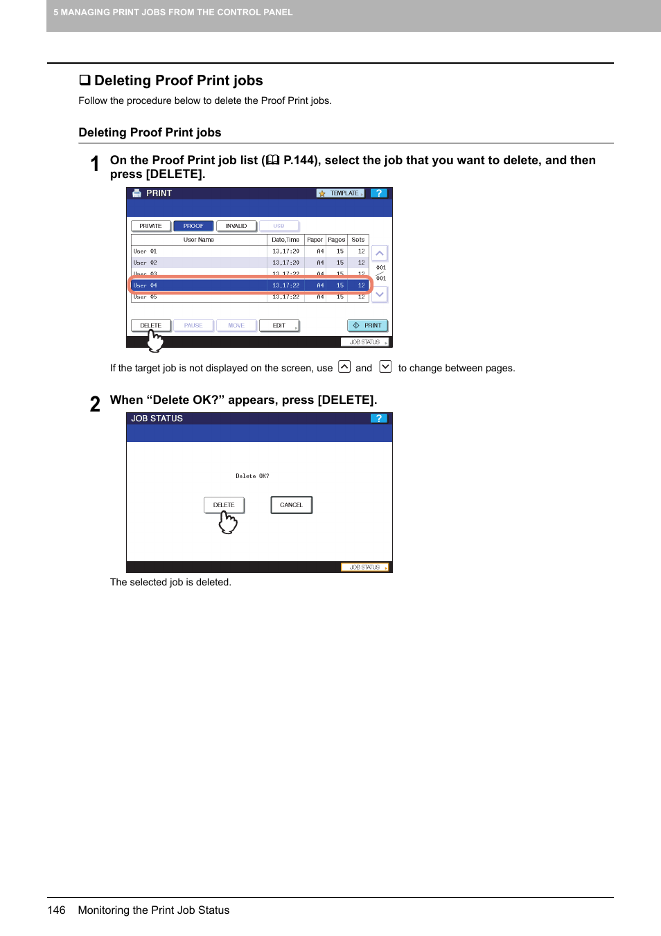 Deleting proof print jobs | Toshiba MULTIFUNCTIONAL DIGITAL COLOR SYSTEMS 3530C User Manual | Page 148 / 178