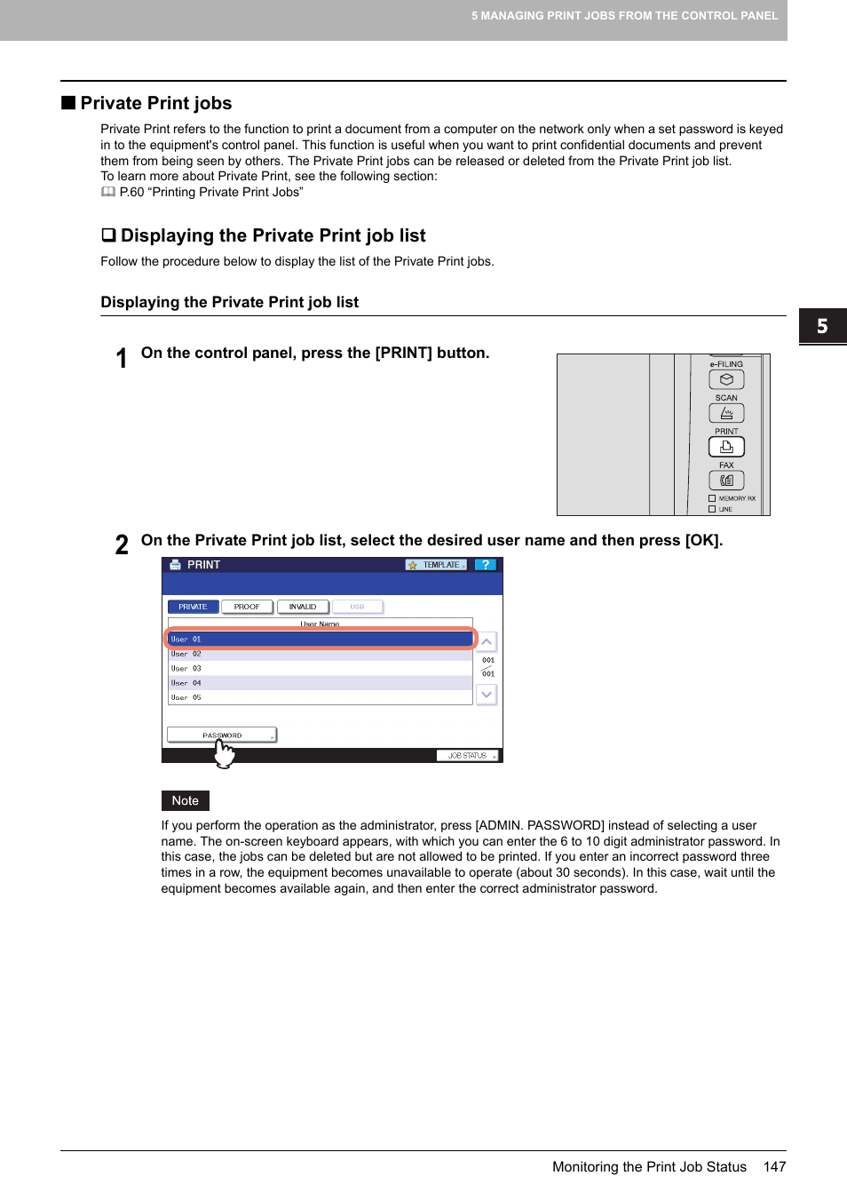 Private print jobs, Displaying the private print job list, P.147 “private print jobs | Toshiba MULTIFUNCTIONAL DIGITAL COLOR SYSTEMS 3530C User Manual | Page 149 / 178