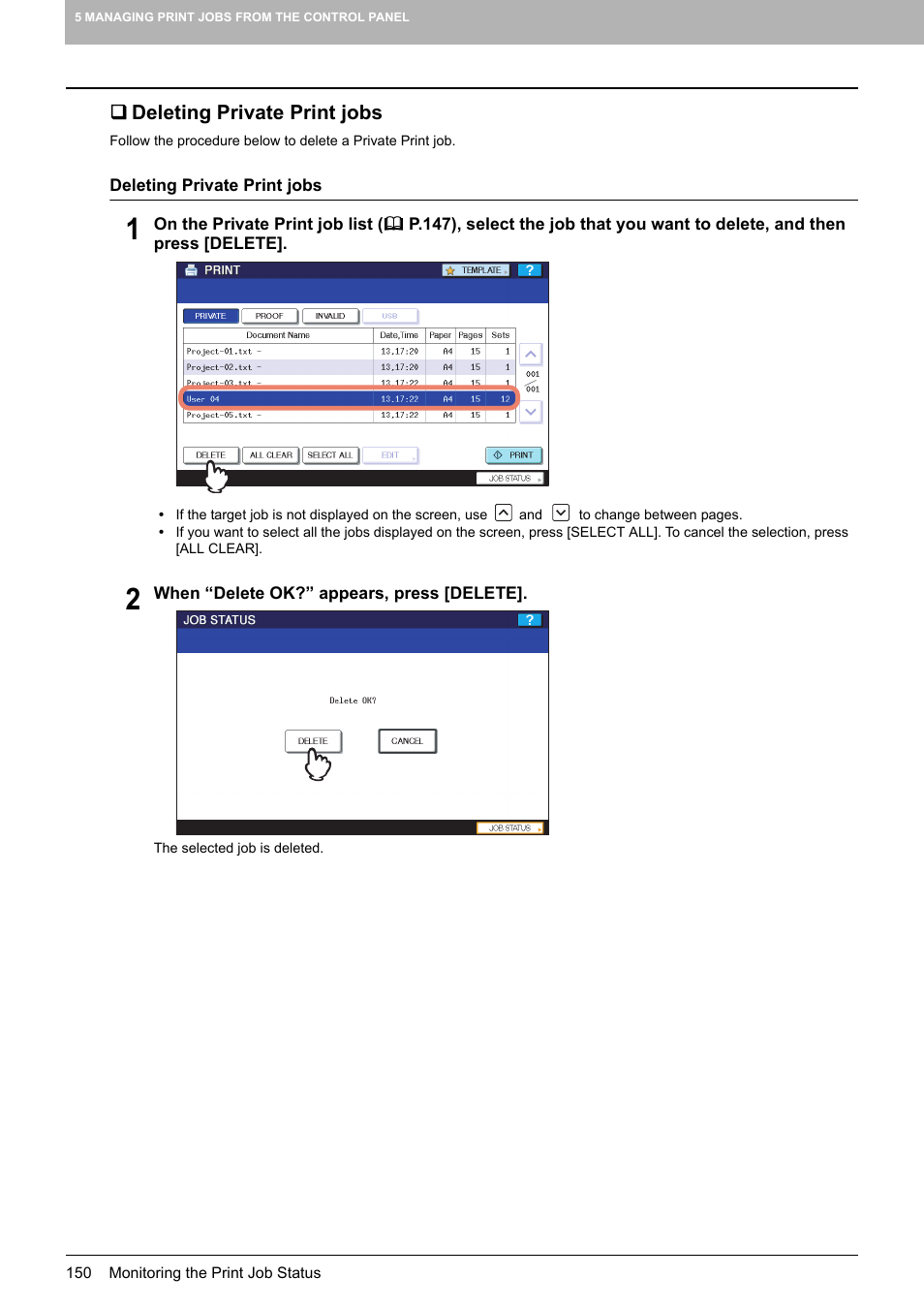 Deleting private print jobs | Toshiba MULTIFUNCTIONAL DIGITAL COLOR SYSTEMS 3530C User Manual | Page 152 / 178