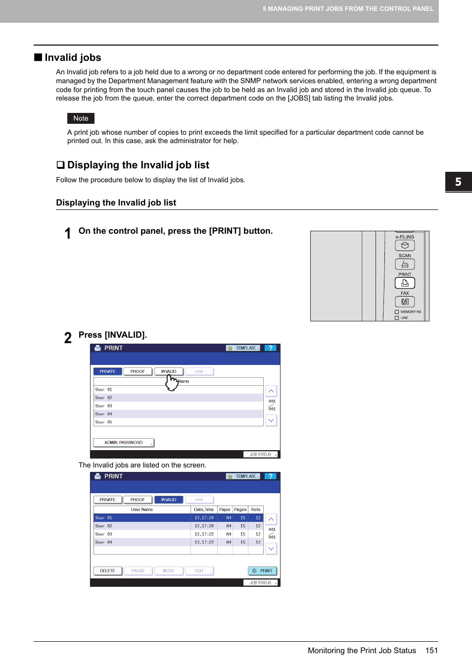 Invalid jobs, Displaying the invalid job list, P.151 “invalid jobs | Toshiba MULTIFUNCTIONAL DIGITAL COLOR SYSTEMS 3530C User Manual | Page 153 / 178