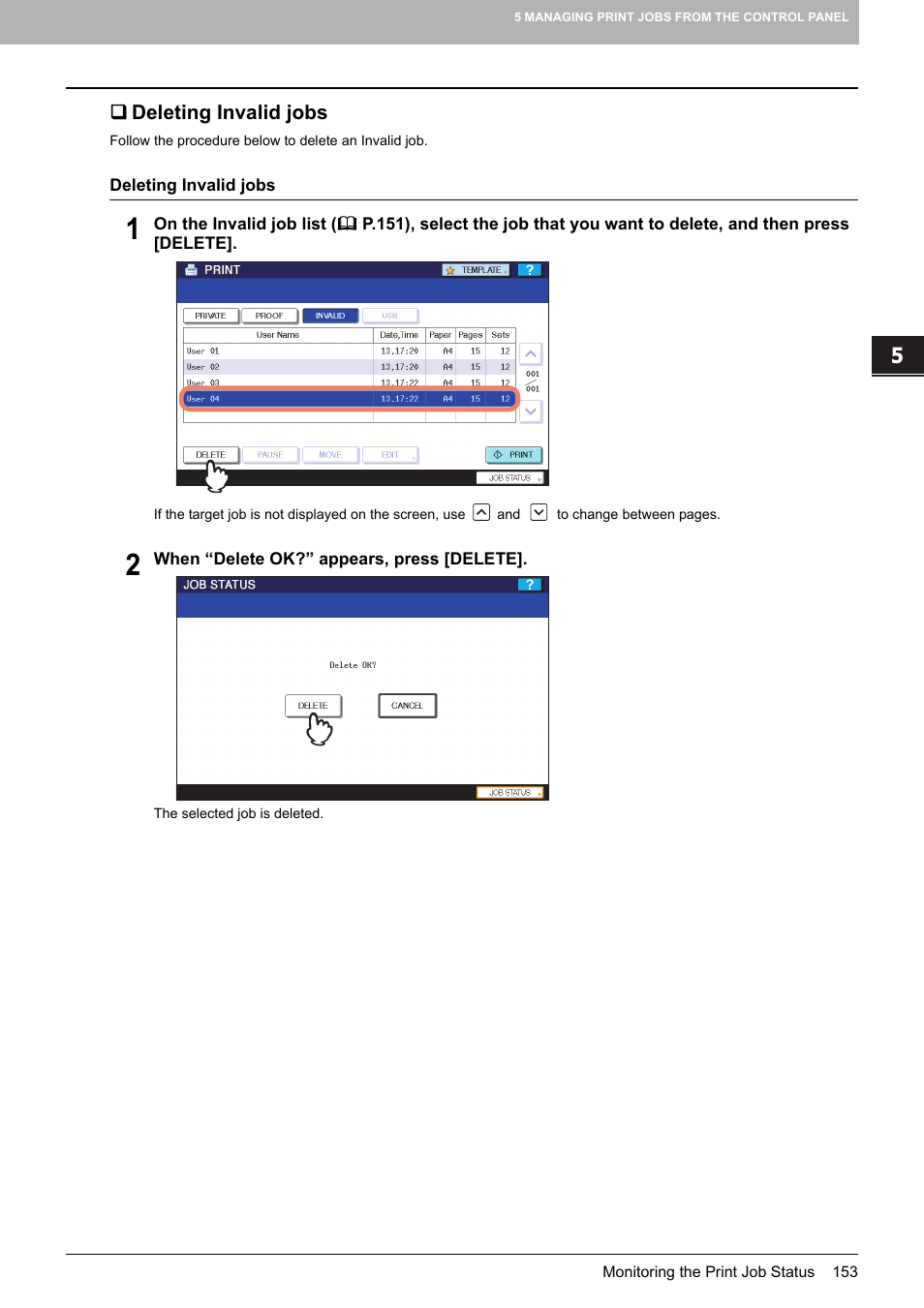 Deleting invalid jobs | Toshiba MULTIFUNCTIONAL DIGITAL COLOR SYSTEMS 3530C User Manual | Page 155 / 178