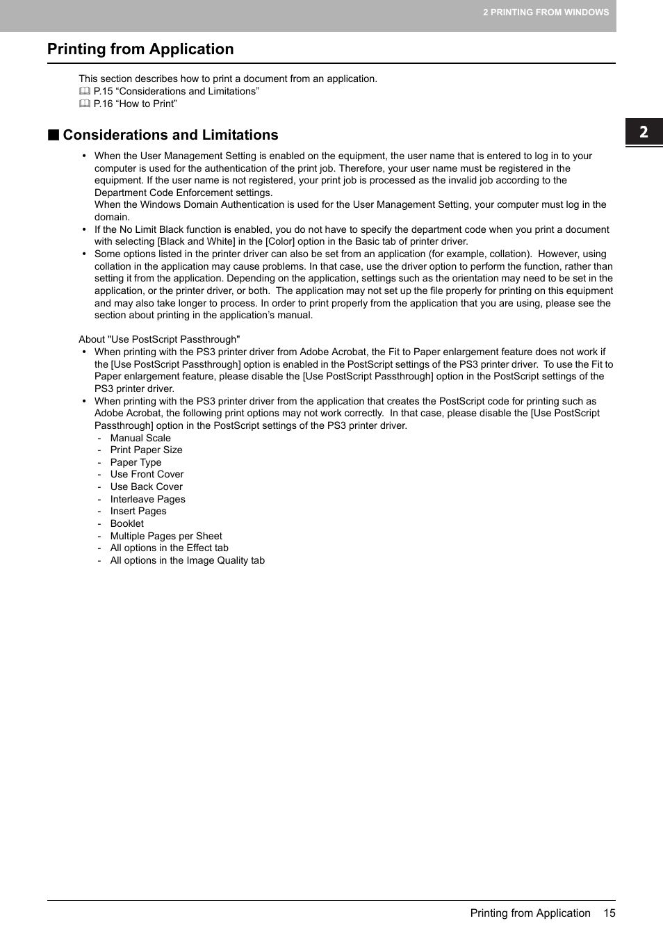 Printing from application, Considerations and limitations | Toshiba MULTIFUNCTIONAL DIGITAL COLOR SYSTEMS 3530C User Manual | Page 17 / 178