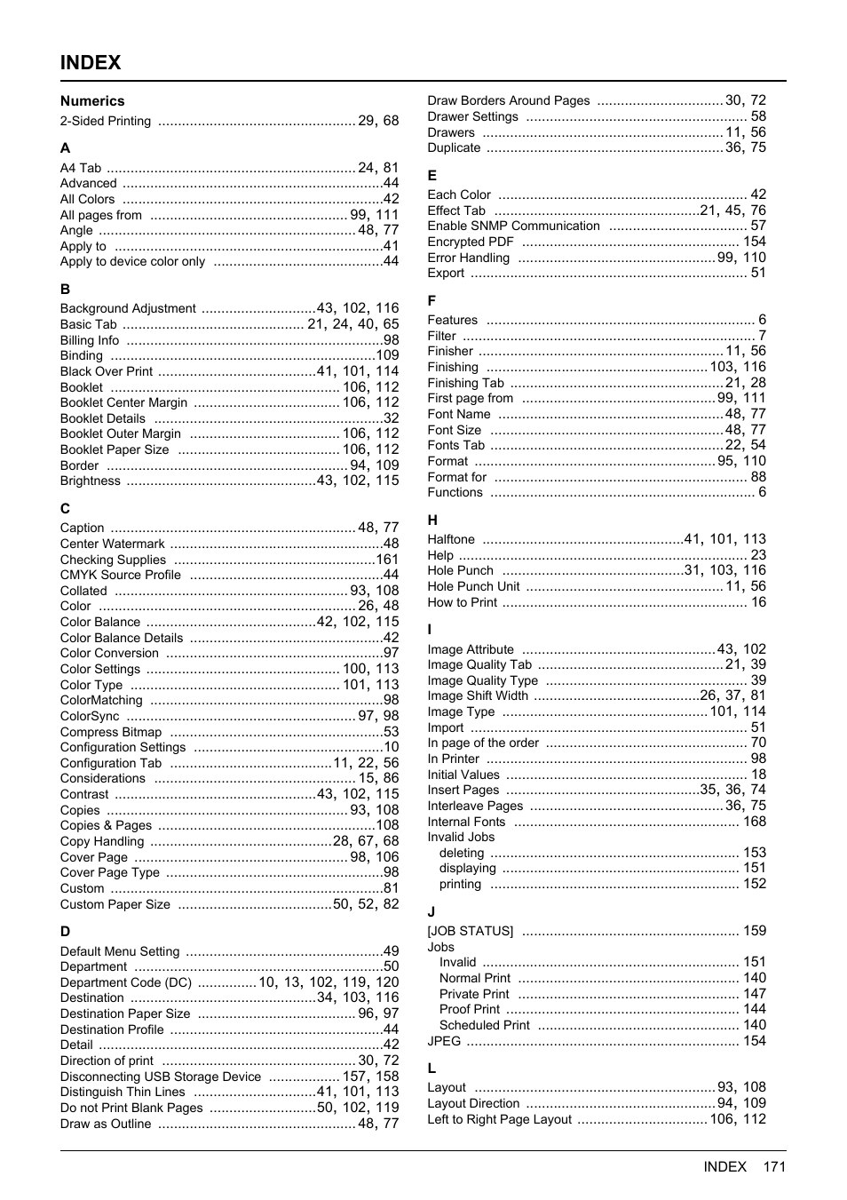 Index | Toshiba MULTIFUNCTIONAL DIGITAL COLOR SYSTEMS 3530C User Manual | Page 173 / 178