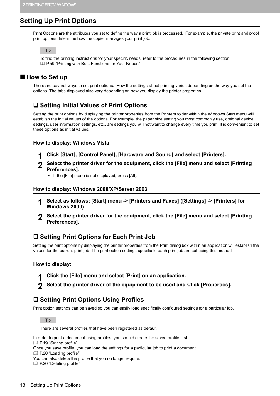 Setting up print options, How to set up, Setting initial values of print options | Setting print options for each print job, Setting print options using profiles, P.18 “setting print options using profiles | Toshiba MULTIFUNCTIONAL DIGITAL COLOR SYSTEMS 3530C User Manual | Page 20 / 178