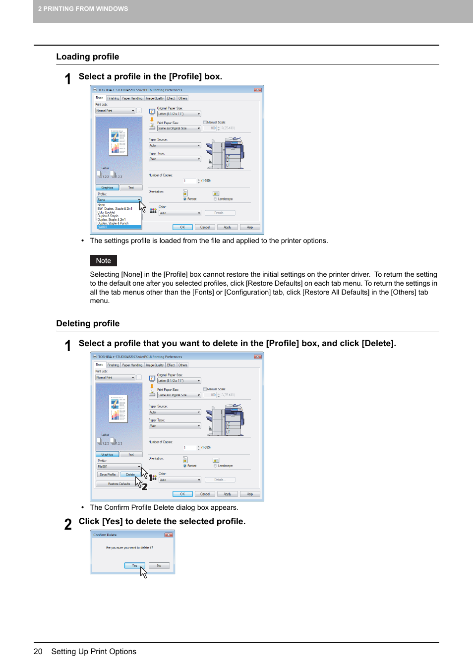 P.20 “loading profile, P.20 “deleting profile | Toshiba MULTIFUNCTIONAL DIGITAL COLOR SYSTEMS 3530C User Manual | Page 22 / 178