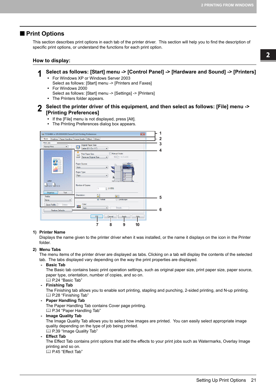 Print options, P.21 “print options | Toshiba MULTIFUNCTIONAL DIGITAL COLOR SYSTEMS 3530C User Manual | Page 23 / 178