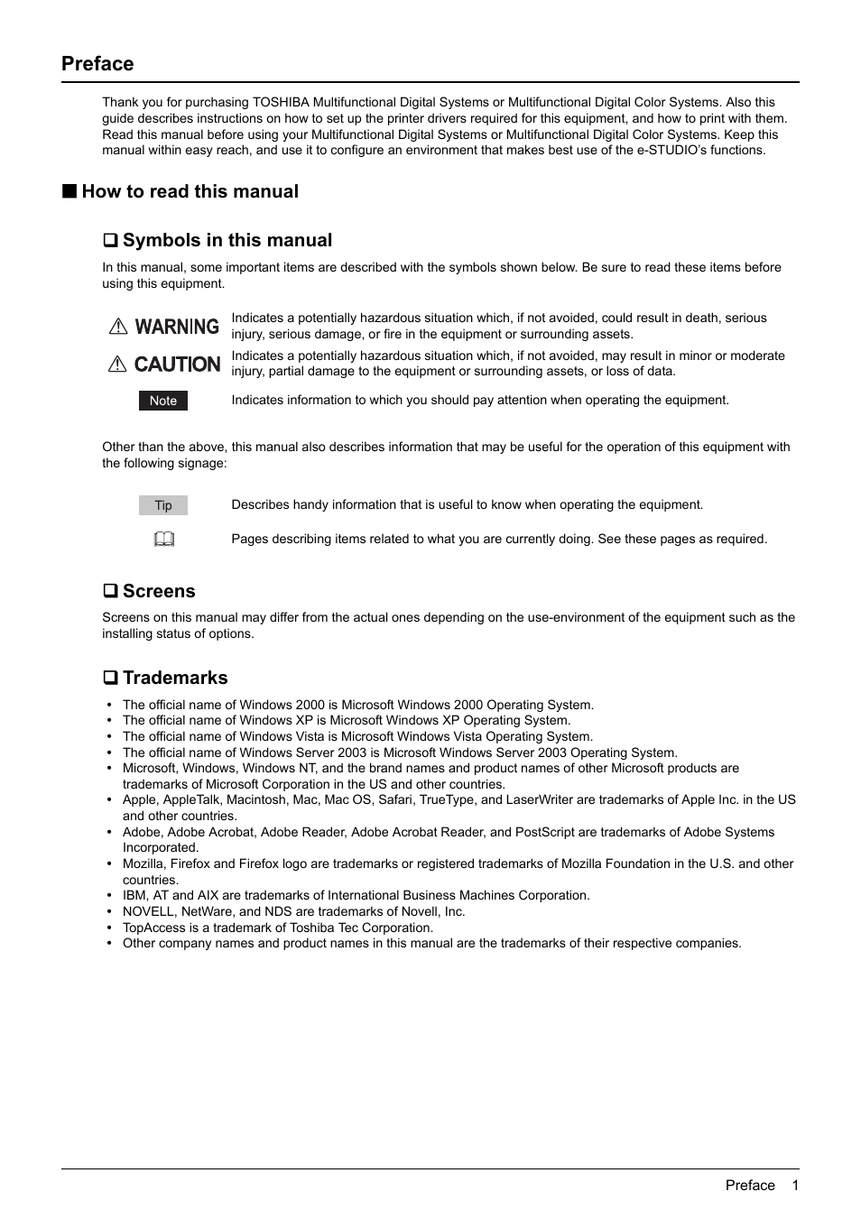 Preface, How to read this manual, Symbols in this manual | Screens, Trademarks, How to read this manual  symbols in this manual | Toshiba MULTIFUNCTIONAL DIGITAL COLOR SYSTEMS 3530C User Manual | Page 3 / 178