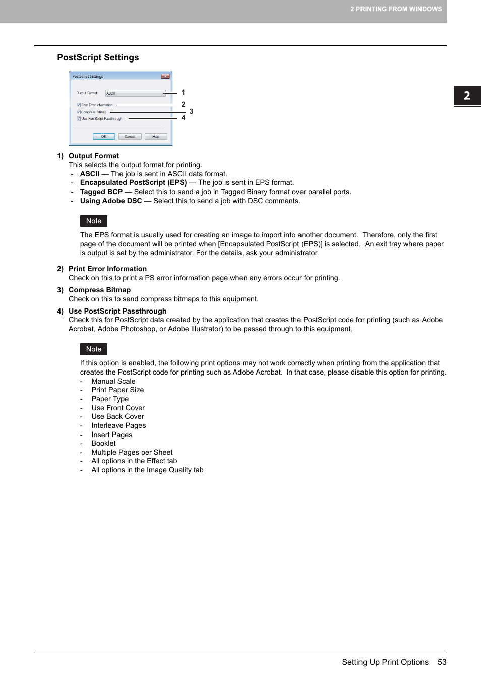 Postscript settings, P.53 “postscript settings | Toshiba MULTIFUNCTIONAL DIGITAL COLOR SYSTEMS 3530C User Manual | Page 55 / 178