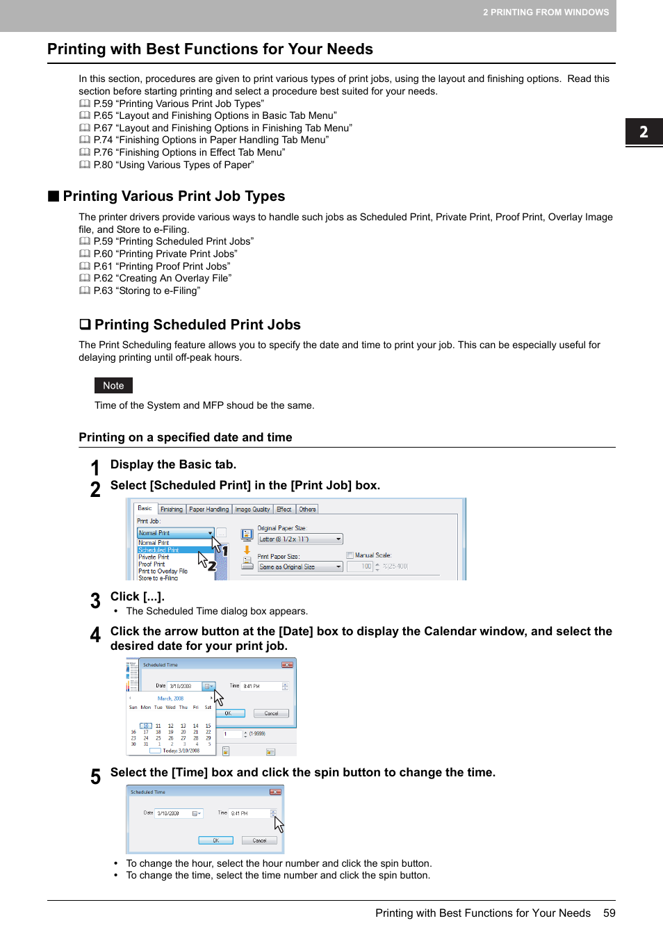 Printing with best functions for your needs, Printing various print job types, Printing scheduled print jobs | P.59 “printing with best functions for your needs, P.59 “printing various print job types | Toshiba MULTIFUNCTIONAL DIGITAL COLOR SYSTEMS 3530C User Manual | Page 61 / 178
