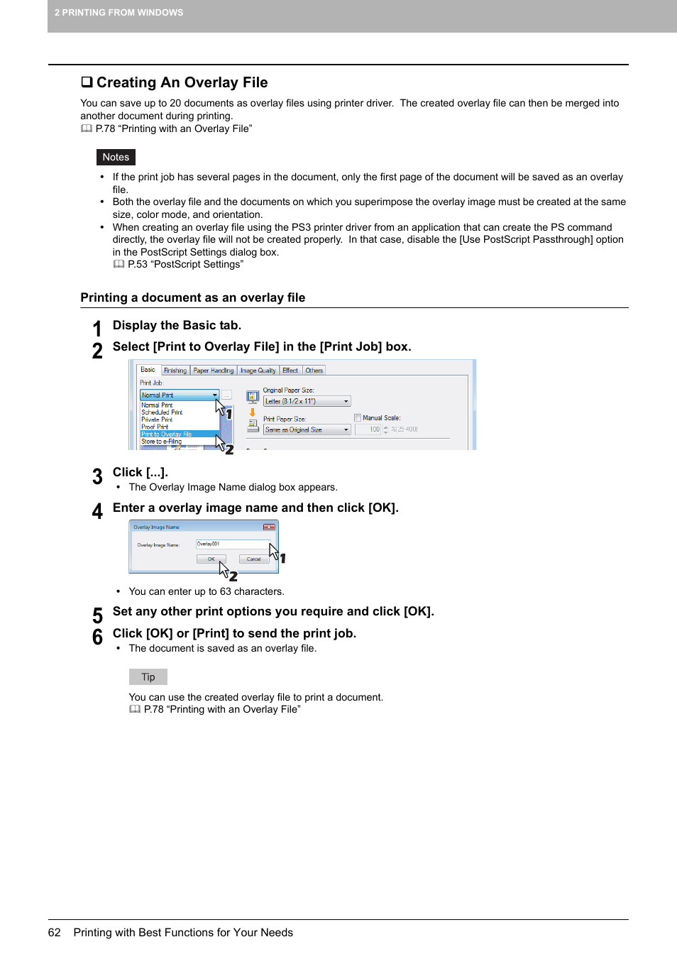 Creating an overlay file, P.62 “printing a document as an overlay file, P.62 “creating an overlay file | Toshiba MULTIFUNCTIONAL DIGITAL COLOR SYSTEMS 3530C User Manual | Page 64 / 178