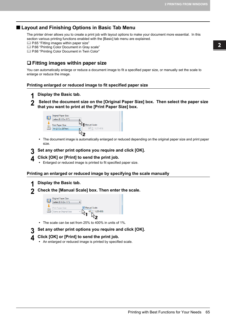 Layout and finishing options in basic tab menu, Fitting images within paper size | Toshiba MULTIFUNCTIONAL DIGITAL COLOR SYSTEMS 3530C User Manual | Page 67 / 178