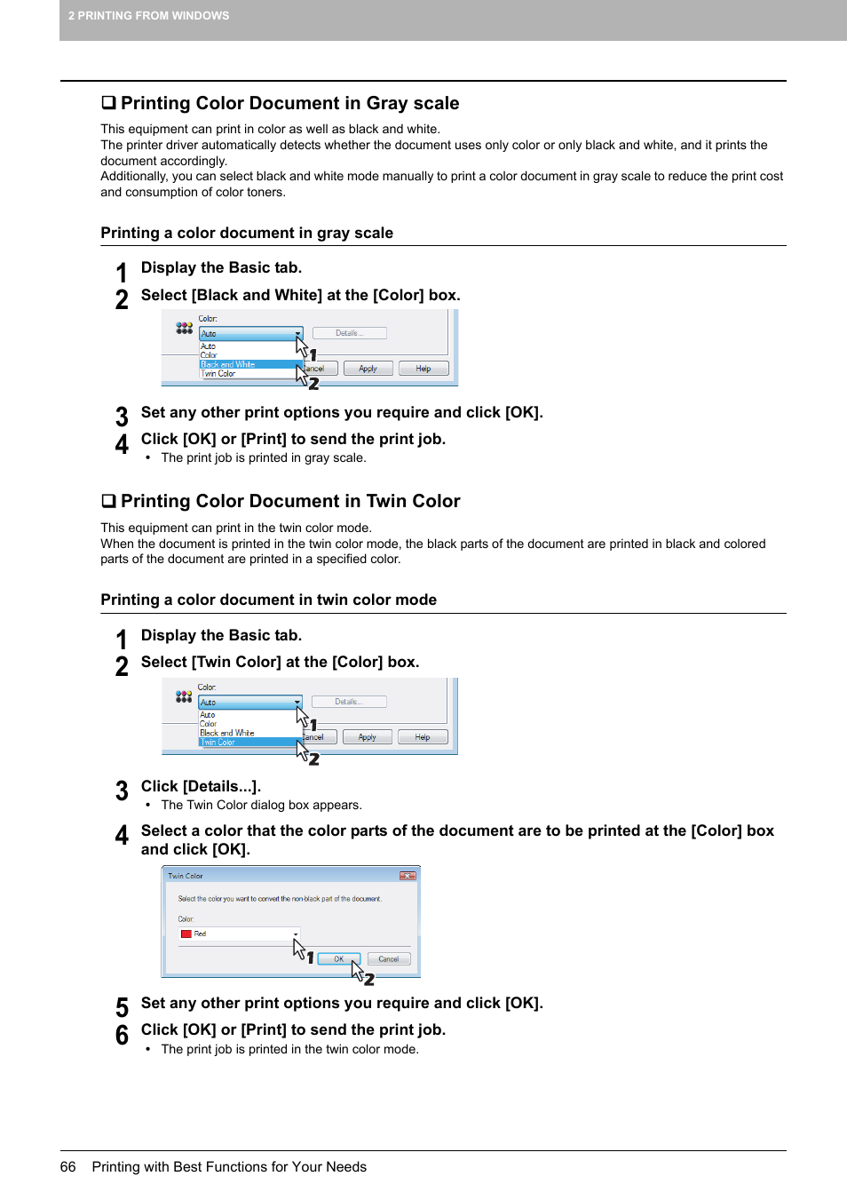 Printing color document in gray scale, Printing color document in twin color, P.66 “printing color document in gray scale | P.66 “printing color document in twin color | Toshiba MULTIFUNCTIONAL DIGITAL COLOR SYSTEMS 3530C User Manual | Page 68 / 178