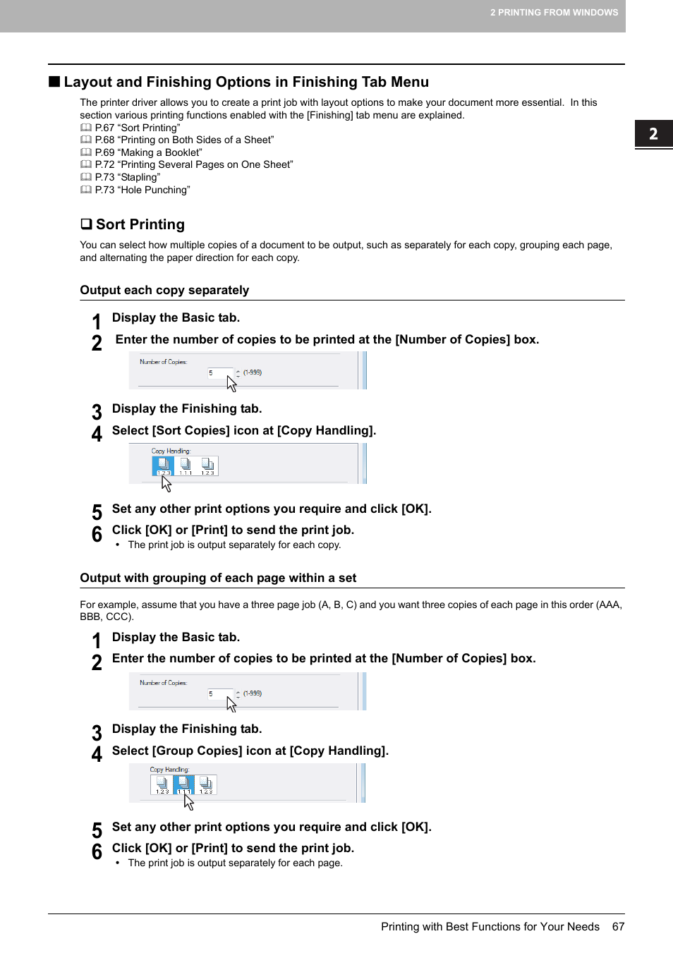 Layout and finishing options in finishing tab menu, Sort printing | Toshiba MULTIFUNCTIONAL DIGITAL COLOR SYSTEMS 3530C User Manual | Page 69 / 178