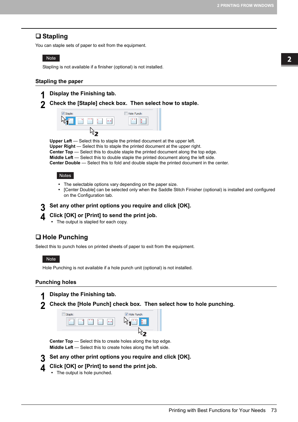 Stapling, Hole punching, P.73 “stapling | P.73 “hole punching | Toshiba MULTIFUNCTIONAL DIGITAL COLOR SYSTEMS 3530C User Manual | Page 75 / 178