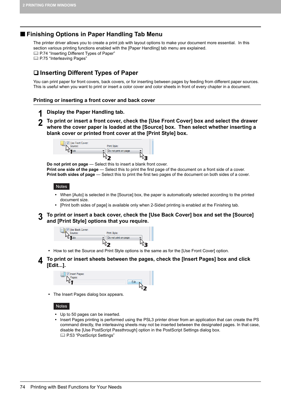 Finishing options in paper handling tab menu, Inserting different types of paper, P.74 “inserting different types of paper | P.74 “finishing options in paper handling tab menu | Toshiba MULTIFUNCTIONAL DIGITAL COLOR SYSTEMS 3530C User Manual | Page 76 / 178