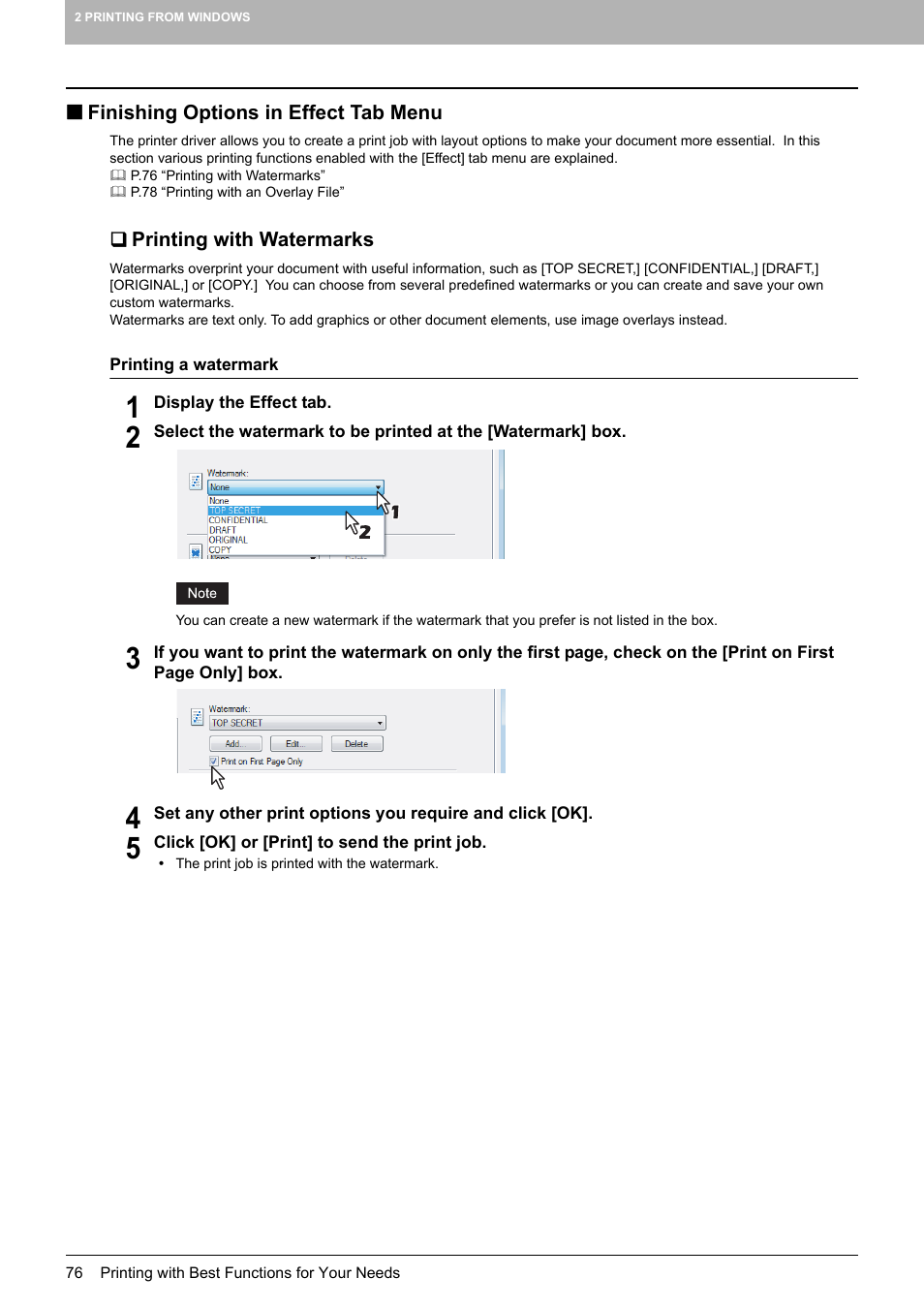 Finishing options in effect tab menu, Printing with watermarks, P.76 “finishing options in effect tab menu | Toshiba MULTIFUNCTIONAL DIGITAL COLOR SYSTEMS 3530C User Manual | Page 78 / 178