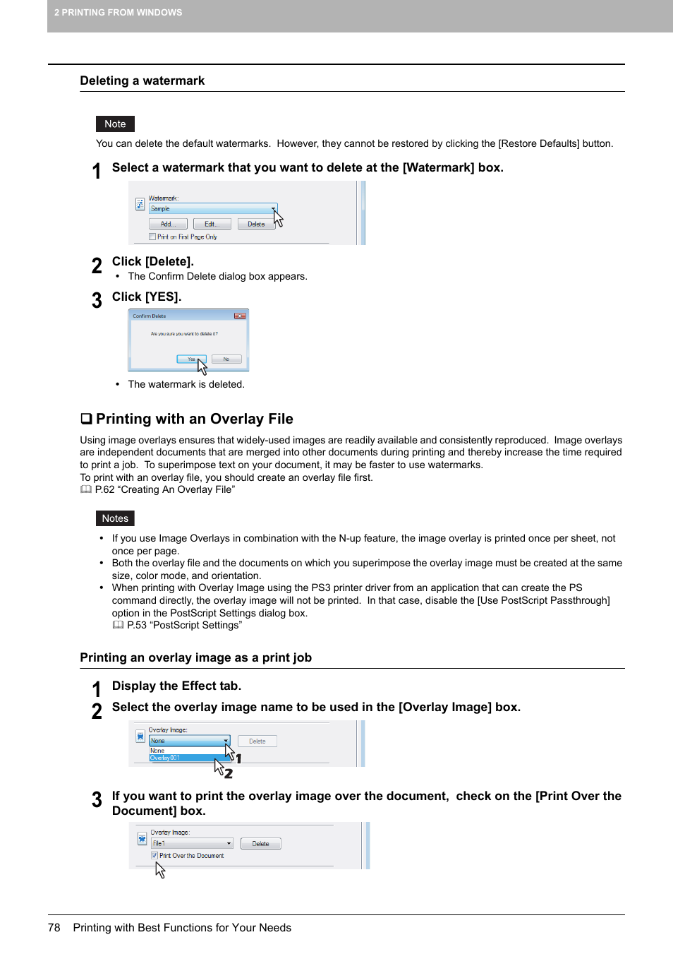 Printing with an overlay file, P.78 “deleting a watermark, P.78 “printing with an overlay file | Toshiba MULTIFUNCTIONAL DIGITAL COLOR SYSTEMS 3530C User Manual | Page 80 / 178