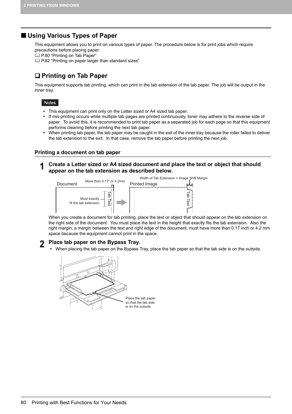 Using various types of paper, Printing on tab paper, P.80 “using various types of paper | Toshiba MULTIFUNCTIONAL DIGITAL COLOR SYSTEMS 3530C User Manual | Page 82 / 178