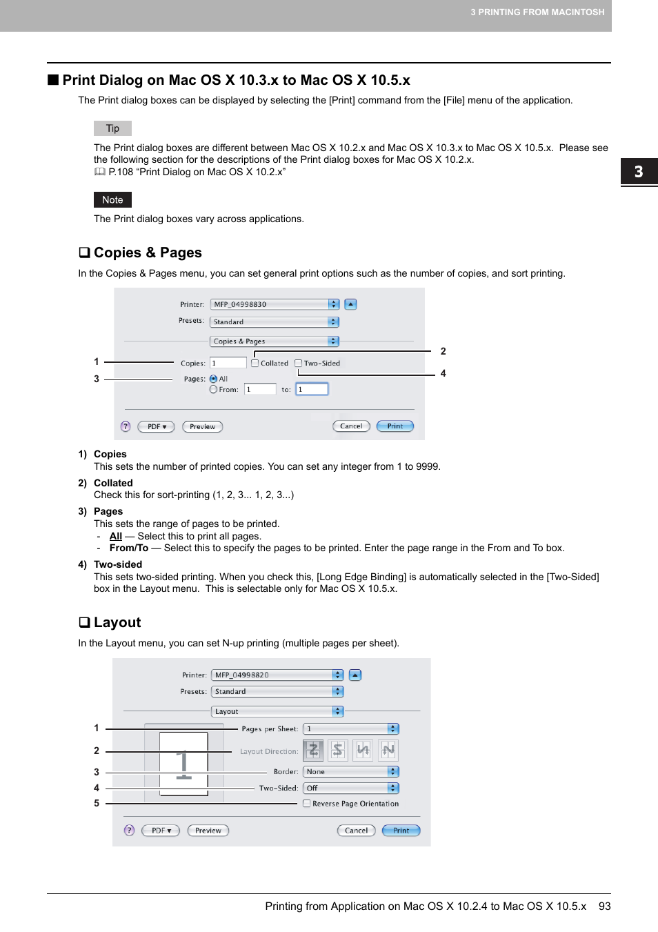 Print dialog on mac os x 10.3.x to mac os x 10.5.x, Layout, Copies & pages | Toshiba MULTIFUNCTIONAL DIGITAL COLOR SYSTEMS 3530C User Manual | Page 95 / 178