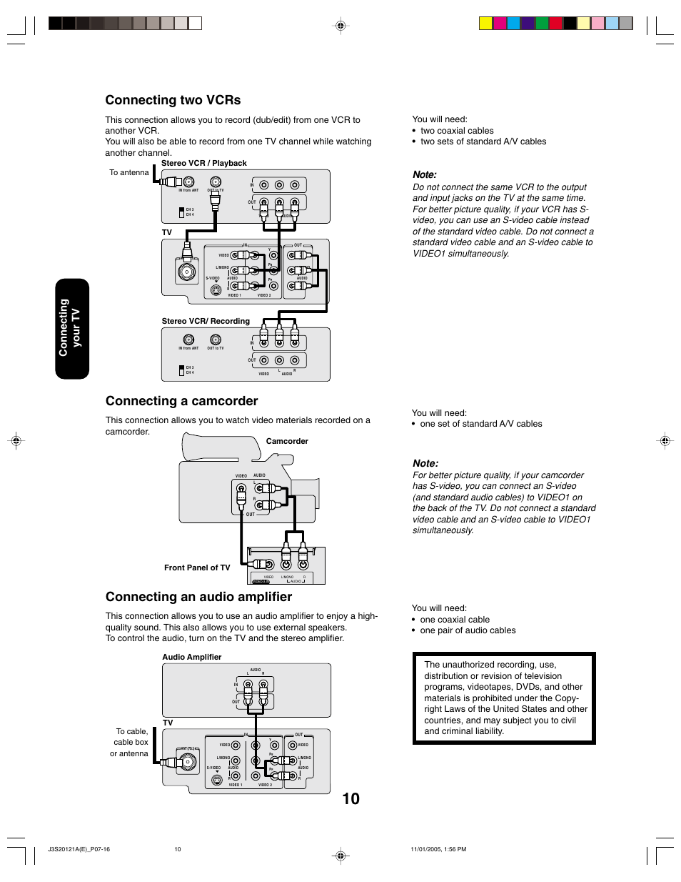 Connecting two vcrs, Connecting a camcorder, Connecting an audio amplifier | Connecting your tv, Camcorder front panel of tv, Stereo vcr / playback tv stereo vcr/ recording | Toshiba 27A45C User Manual | Page 10 / 32