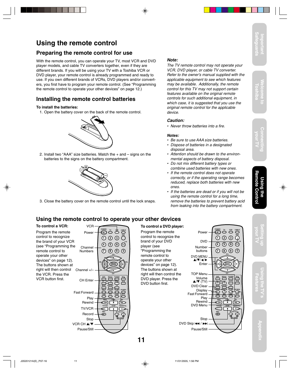 Using the remote control, Preparing the remote control for use, Installing the remote control batteries | Caution | Toshiba 27A45C User Manual | Page 11 / 32
