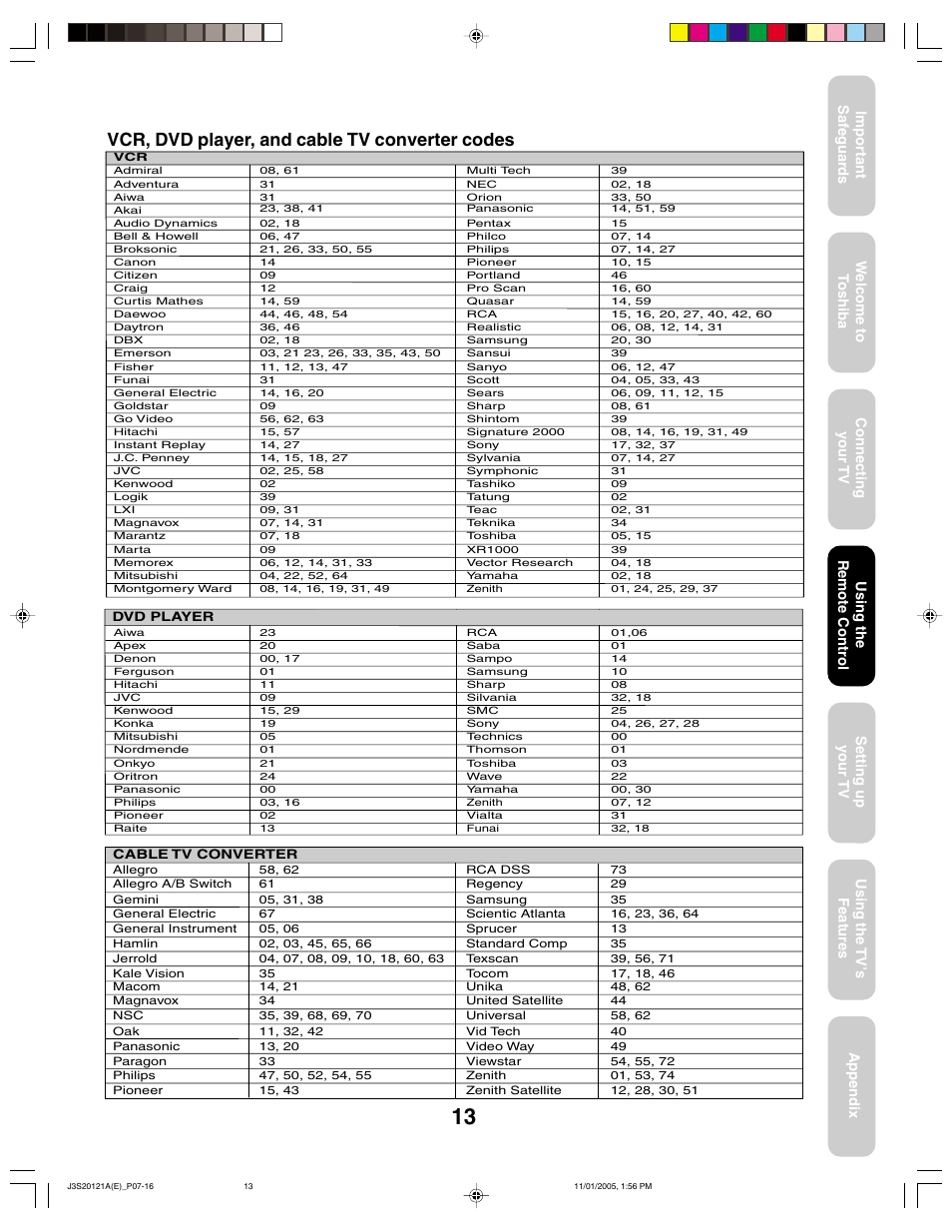 Vcr, dvd player, and cable tv converter codes, Using the remote control | Toshiba 27A45C User Manual | Page 13 / 32