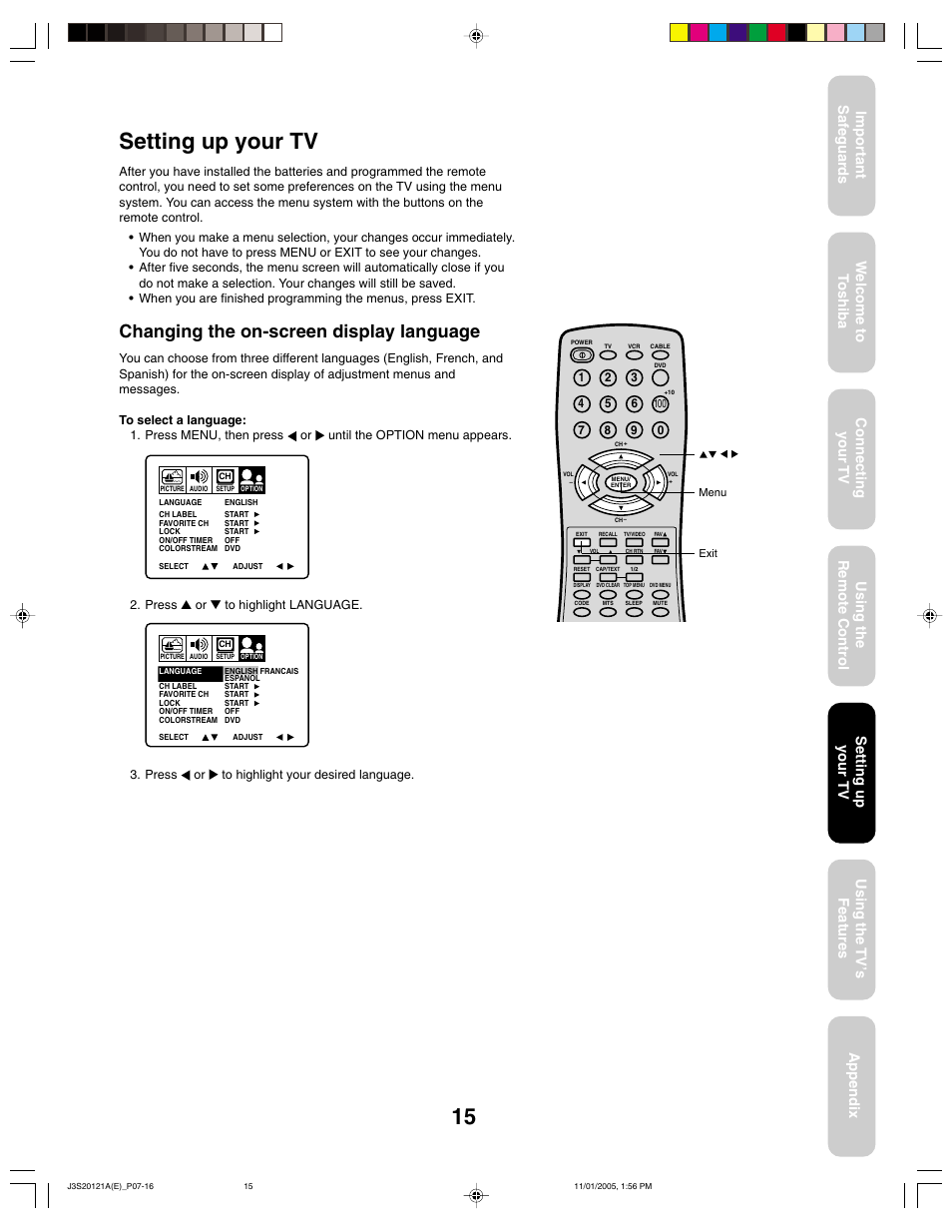 Setting up your tv, Changing the on-screen display language | Toshiba 27A45C User Manual | Page 15 / 32