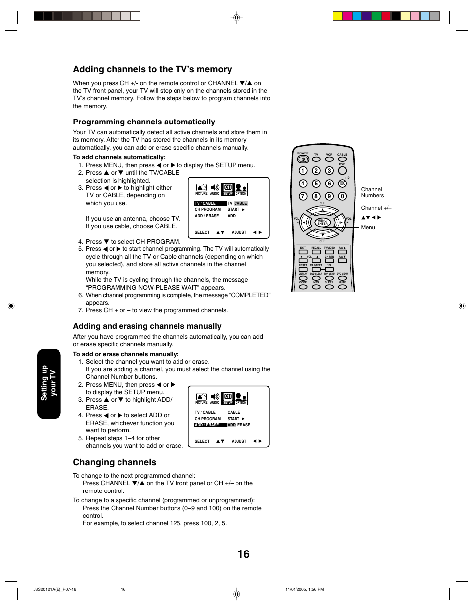 Changing channels, Programming channels automatically, Adding and erasing channels manually | Setting up your tv | Toshiba 27A45C User Manual | Page 16 / 32