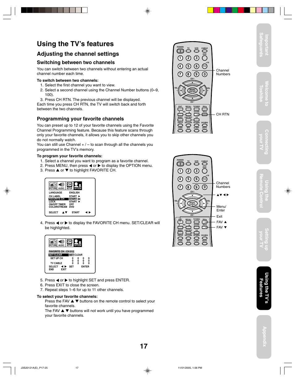 Using the tv’s features, Adjusting the channel settings, Switching between two channels | Programming your favorite channels, Using the tv ’s features | Toshiba 27A45C User Manual | Page 17 / 32