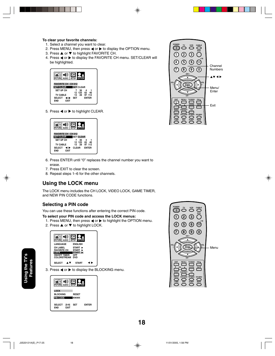 Using the lock menu, Selecting a pin code, Using the tv ’s features | Toshiba 27A45C User Manual | Page 18 / 32