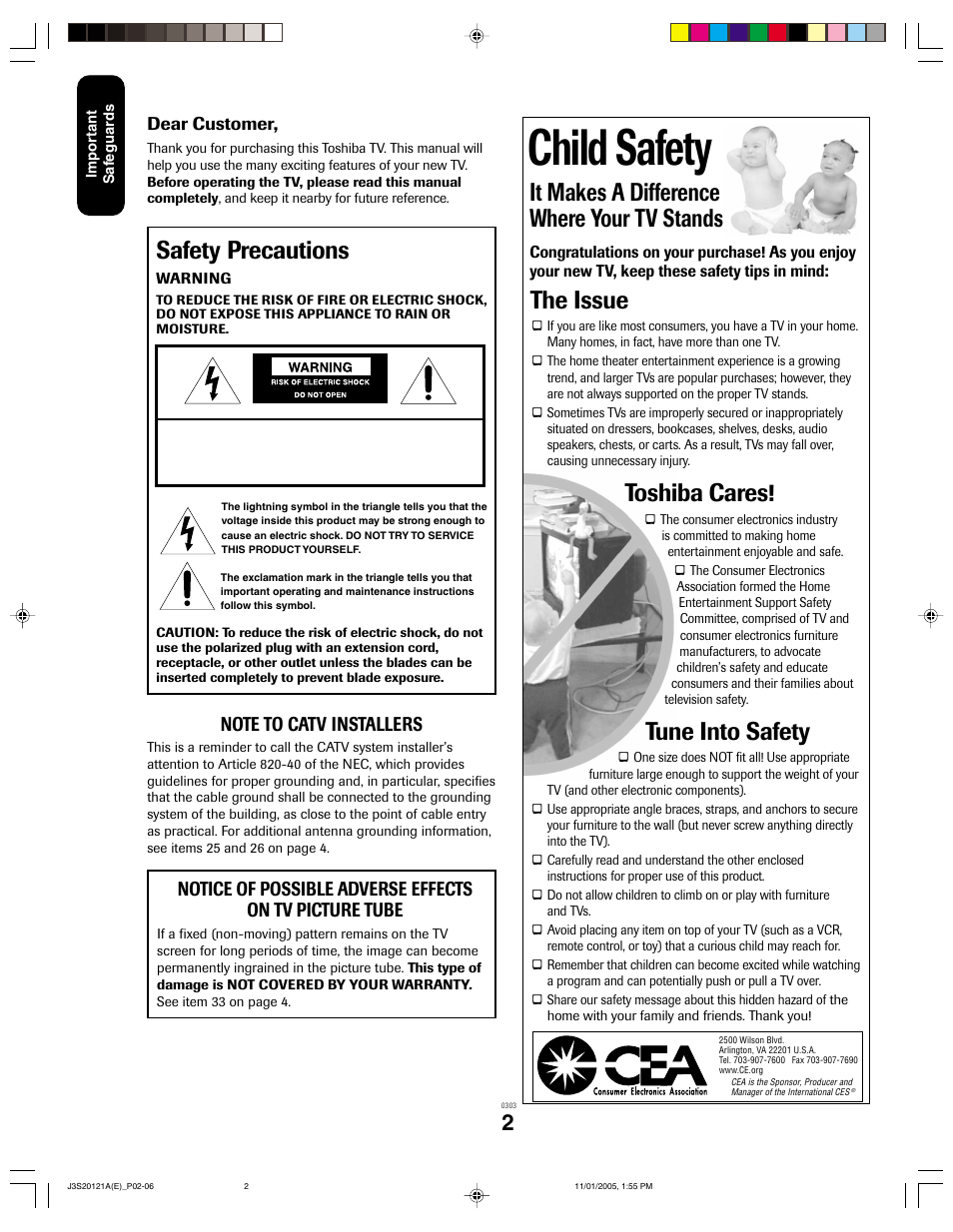 Child safety, It makes a difference where your tv stands, The issue | Toshiba cares, Tune into safety, Safety precautions | Toshiba 27A45C User Manual | Page 2 / 32