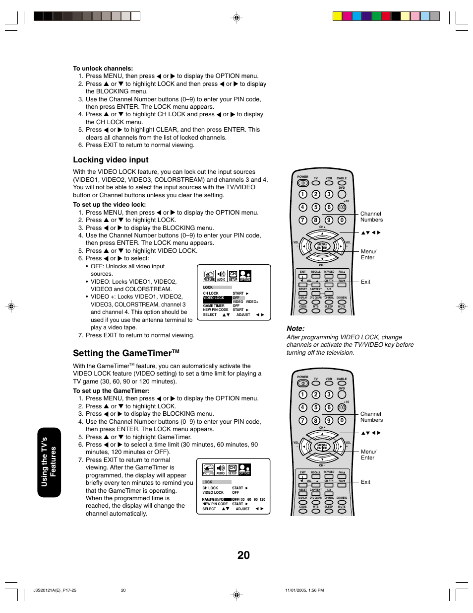 Setting the gametimer, Locking video input, Using the tv ’s features | Toshiba 27A45C User Manual | Page 20 / 32
