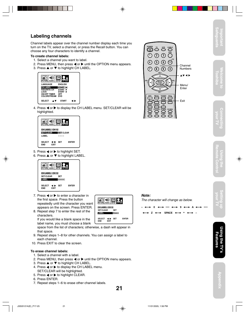 Labeling channels, Using the tv ’s features | Toshiba 27A45C User Manual | Page 21 / 32