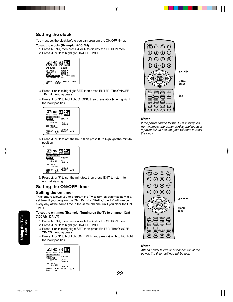 Setting the clock, Setting the on/off timer, Setting the on timer | Using the tv ’s features | Toshiba 27A45C User Manual | Page 22 / 32