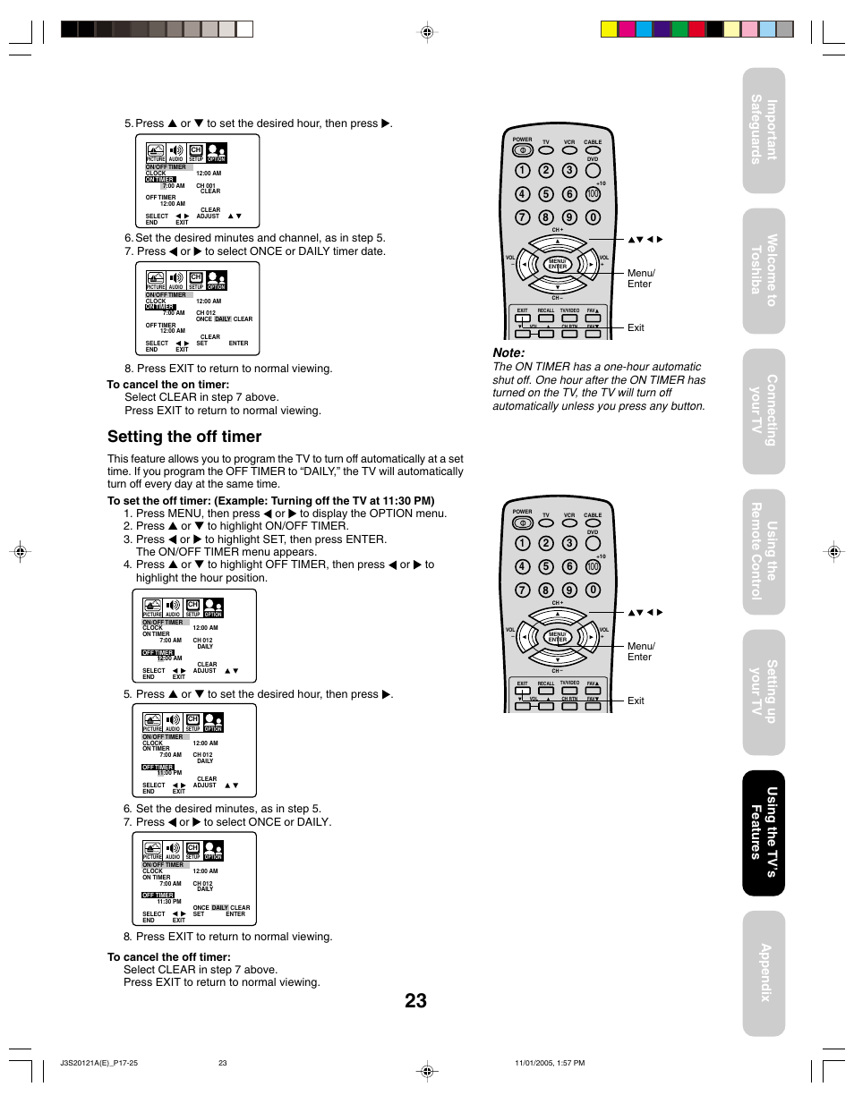Setting the off timer, Using the tv ’s features | Toshiba 27A45C User Manual | Page 23 / 32