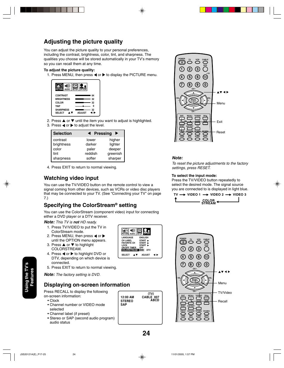 Adjusting the picture quality, Displaying on-screen information, Watching video input | Specifying the colorstream, Setting, Selection pressing, Using the tv ’s features | Toshiba 27A45C User Manual | Page 24 / 32