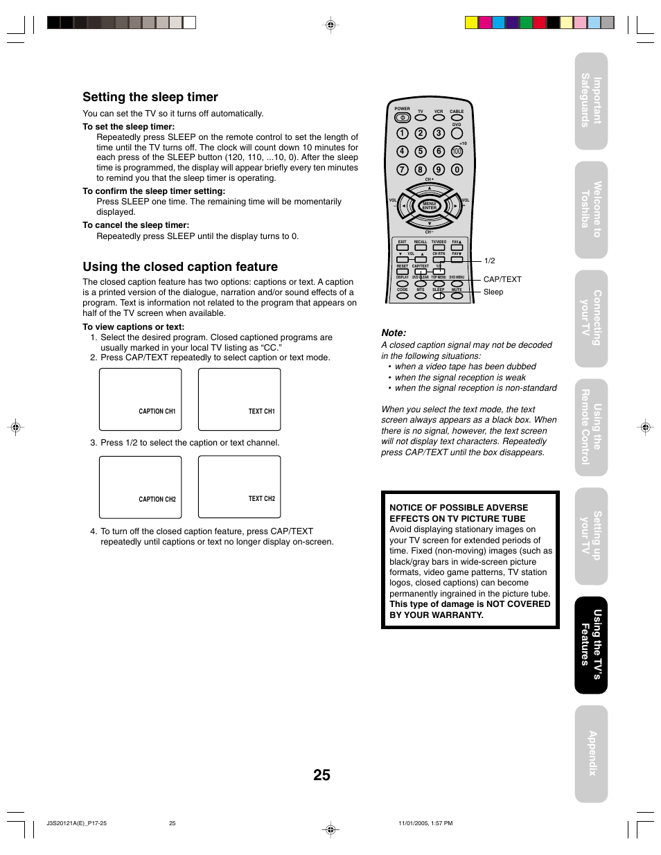 Setting the sleep timer, Using the closed caption feature | Toshiba 27A45C User Manual | Page 25 / 32