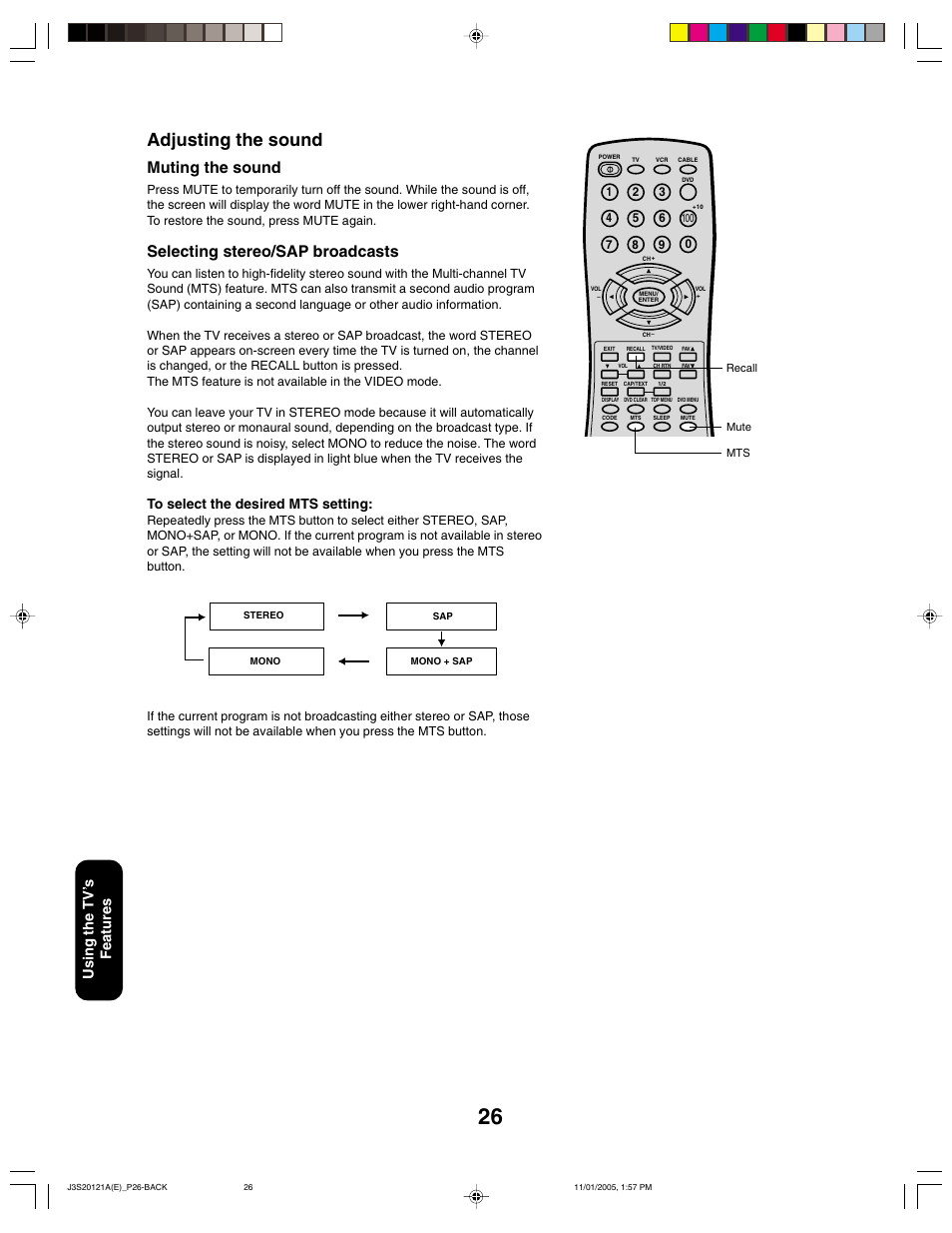 Adjusting the sound, Muting the sound, Selecting stereo/sap broadcasts | Using the tv ’s features | Toshiba 27A45C User Manual | Page 26 / 32