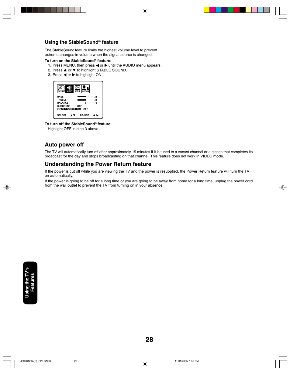 Auto power off, Understanding the power return feature, Using the stablesound | Feature | Toshiba 27A45C User Manual | Page 28 / 32