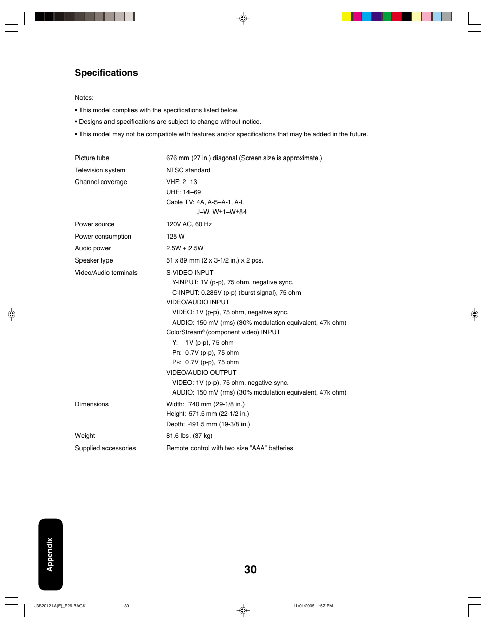 Specifications | Toshiba 27A45C User Manual | Page 30 / 32