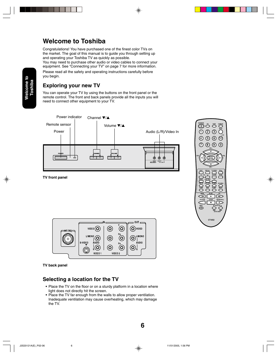 Welcome to toshiba, Selecting a location for the tv, Exploring your new tv | Welcome to t oshiba, Tv back panel | Toshiba 27A45C User Manual | Page 6 / 32