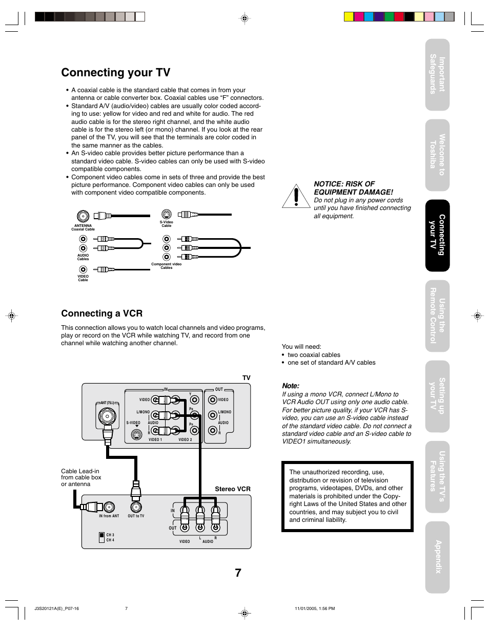 Connecting a vcr, Notice: risk of equipment damage, Connecting your tv | Toshiba 27A45C User Manual | Page 7 / 32