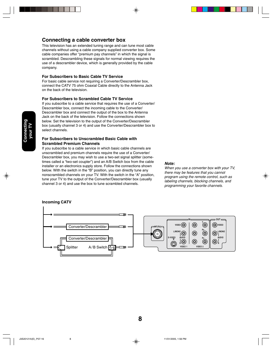 Connecting a cable converter box, Connecting your tv, For subscribers to basic cable tv service | For subscribers to scrambled cable tv service, Incoming catv | Toshiba 27A45C User Manual | Page 8 / 32