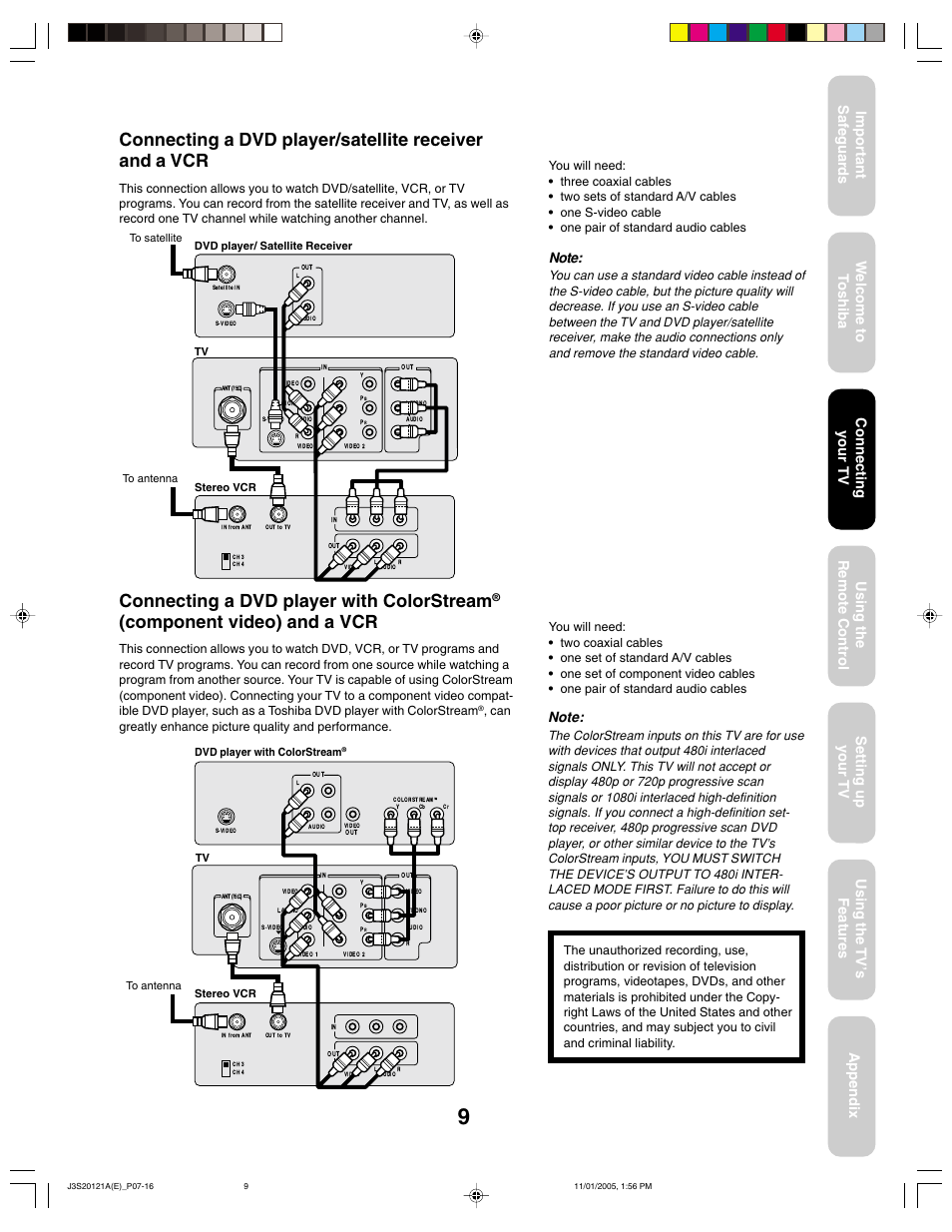 Connecting a dvd player with colorstream, Component video) and a vcr, Connecting your tv | Toshiba 27A45C User Manual | Page 9 / 32