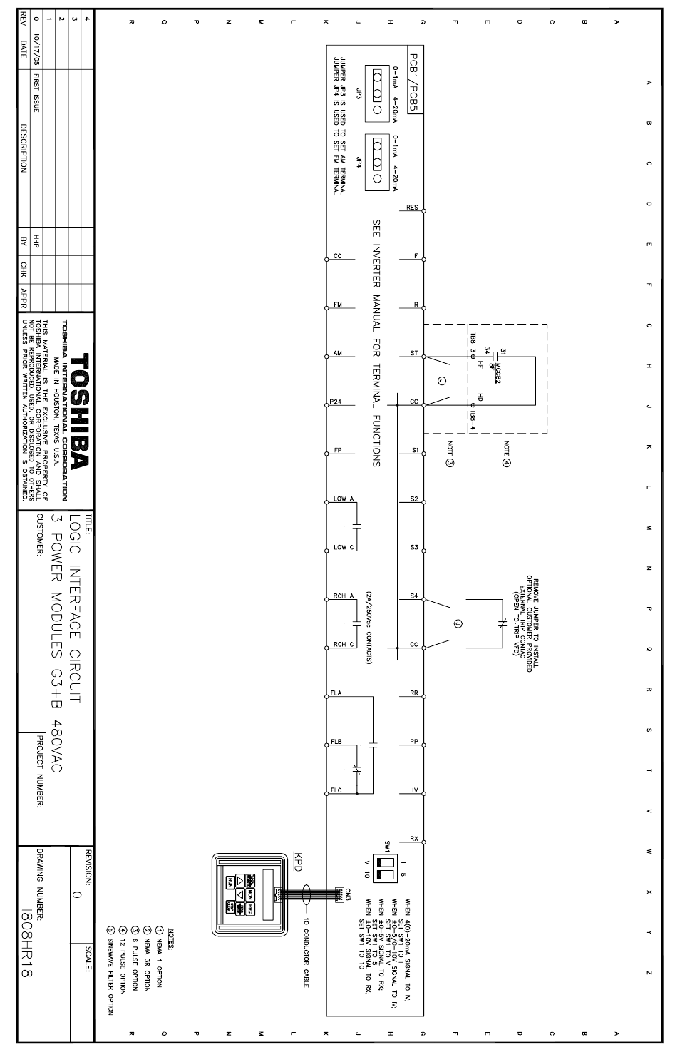 Pcb1/pcb5, See inverter manual for terminal functions, Toshiba | Rcttno rttt10 | Toshiba Power Inverter User Manual | Page 11 / 15