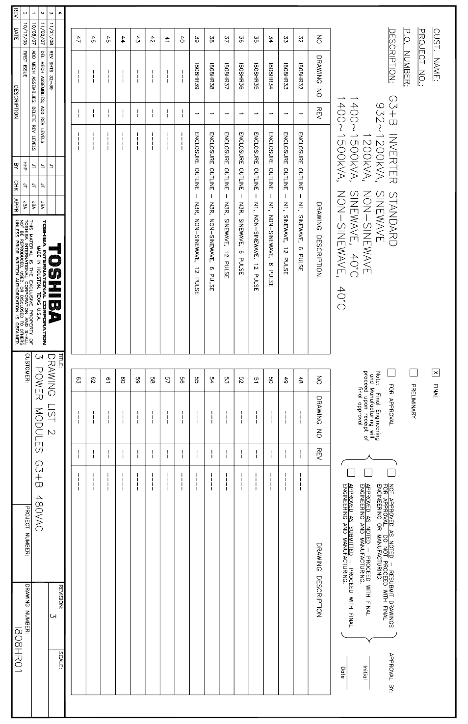 Drawing list 2, 3 power modules 03+b 480va0, Toshiba | Oust. name: project no.: p.o. number: description | Toshiba Power Inverter User Manual | Page 2 / 15