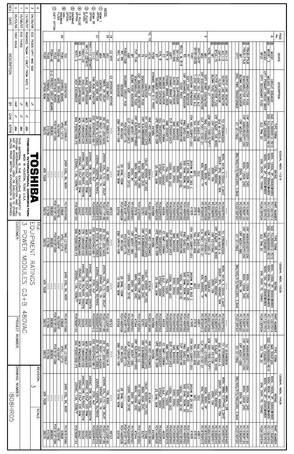 Equipment ratings 3 power modules 03+b 480vag, Toshiba, Rev date description by chk appr | Title, Customer: project number: revision: scale | Toshiba Power Inverter User Manual | Page 5 / 15