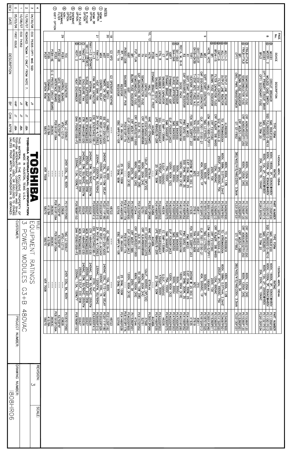 Equipment ratings 3 power modules 03+b 480vag, Toshiba, Rev date description by chk appr | Title, Customer: project number: revision: scale | Toshiba Power Inverter User Manual | Page 6 / 15