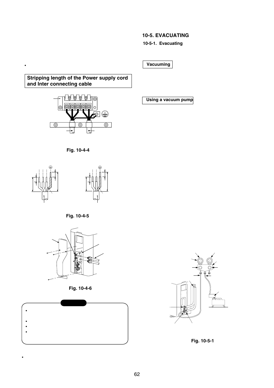 5. evacuating, Fig. 10-5-1, Wire type : minimum awg14 | Be sure to comply with local codes, Every wire must be connected firmly | Toshiba CARRIER RAS-15LKV-UL User Manual | Page 62 / 110