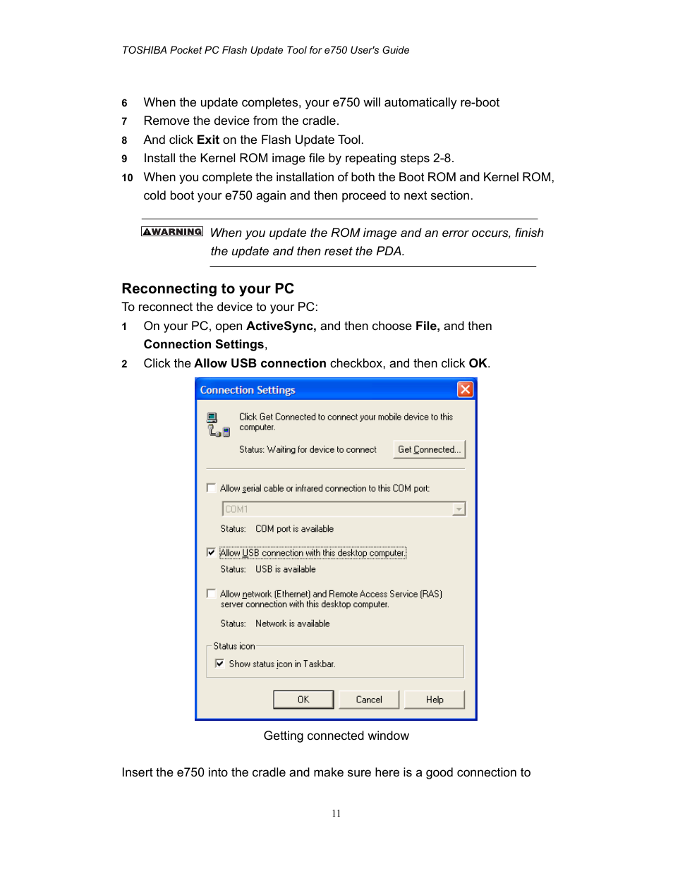 Reconnecting to your pc | Toshiba e750 User Manual | Page 11 / 12